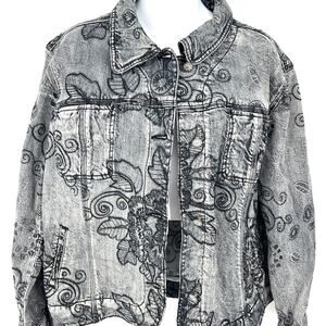 Chico's Womens Black/Gray Floral Embroidered Denim Jacket Chico's Sz 2 - U.S. 12